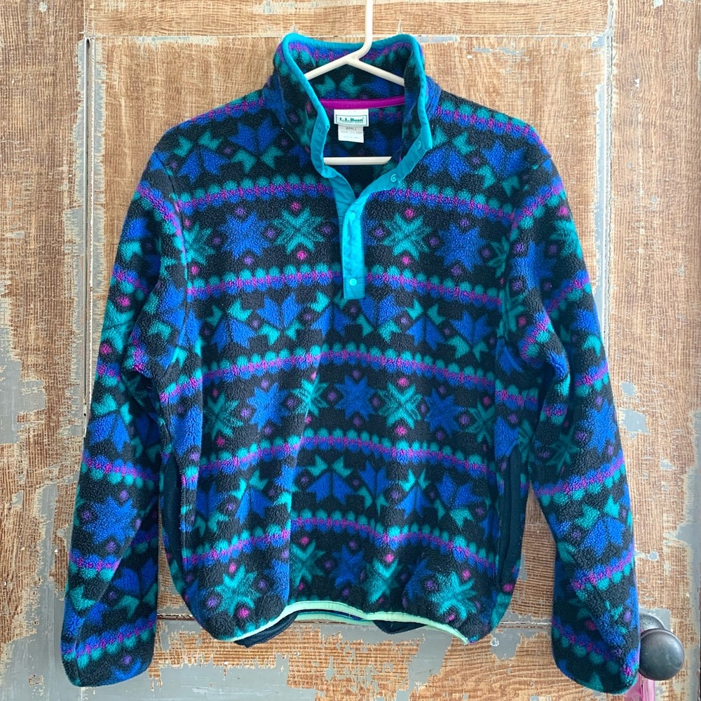 Vintage LL Bean Snap Fleece Pullover Aztec  Snowflake Blue